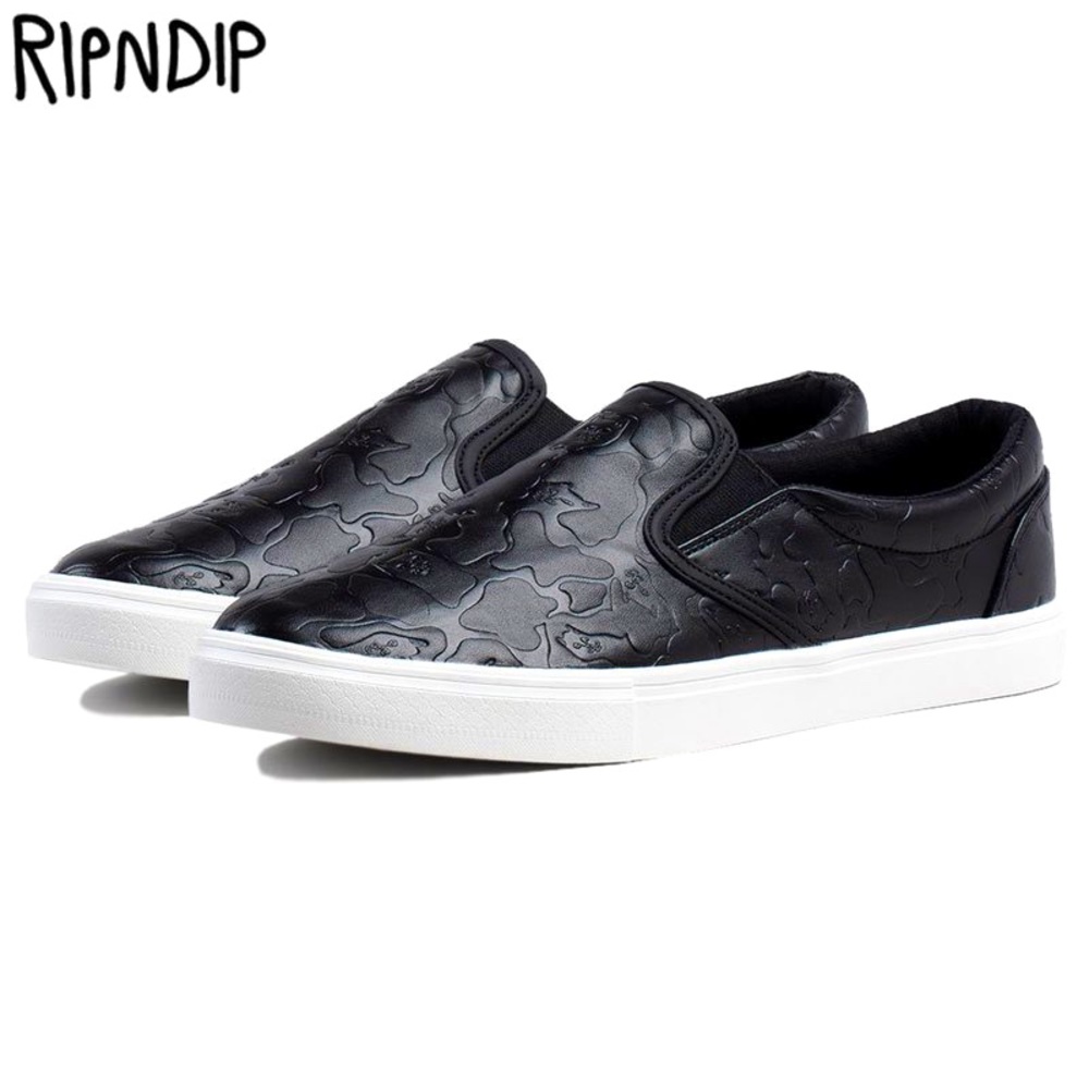 🌟FREE🌟 RIPNDIP Black Out Camo Cat Graphic Imprint Leather Slip-On Shoes US 6